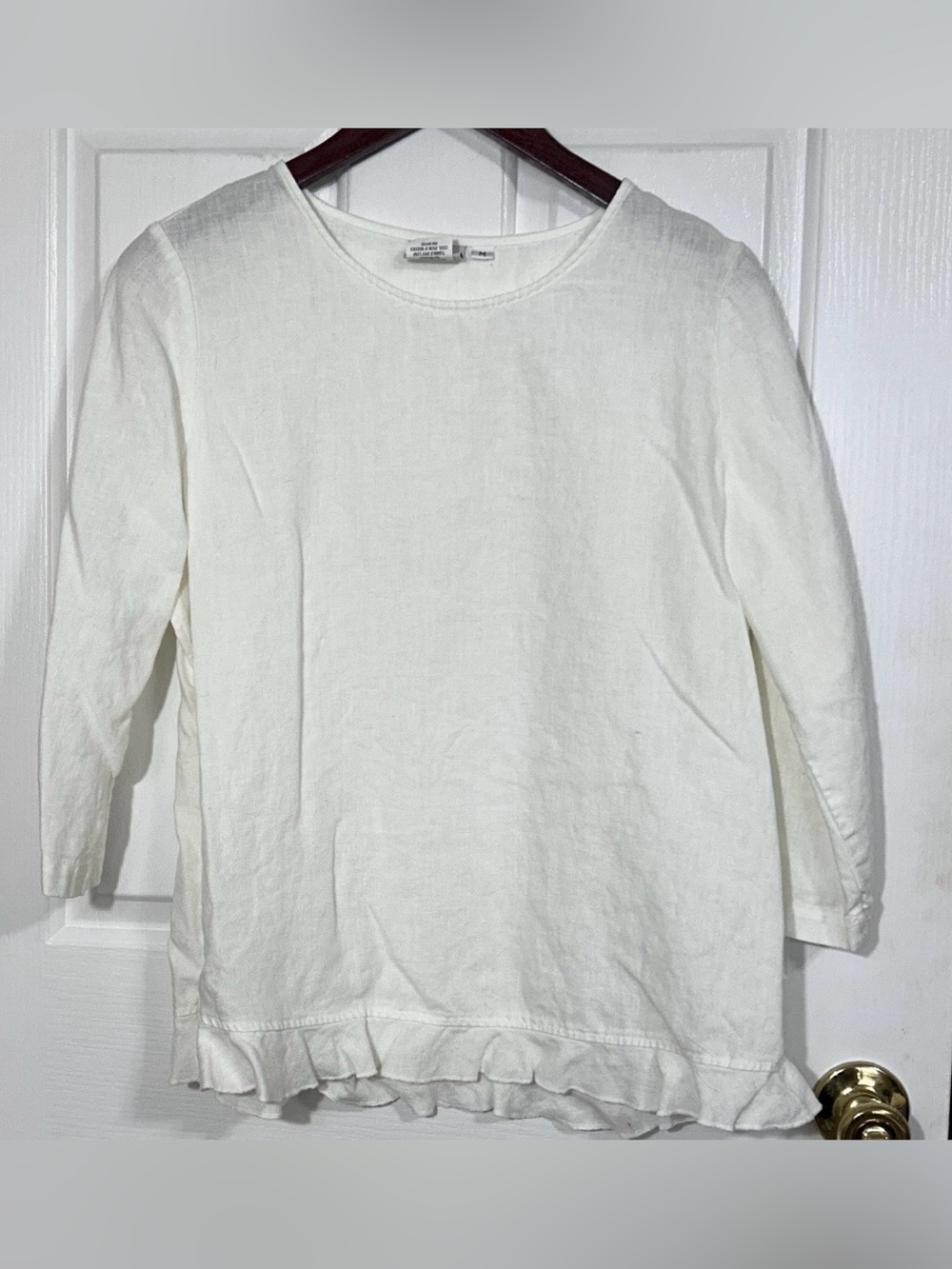 Hot Cotton Top M White 100% Linen Ruffle Hem 3/4 Sleeve Coastal Breeze